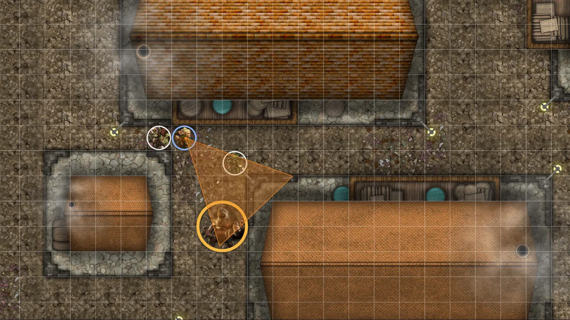 What the players see on the Table Display: the map, portrait tokens, a spell template, and rings for whose turn it is