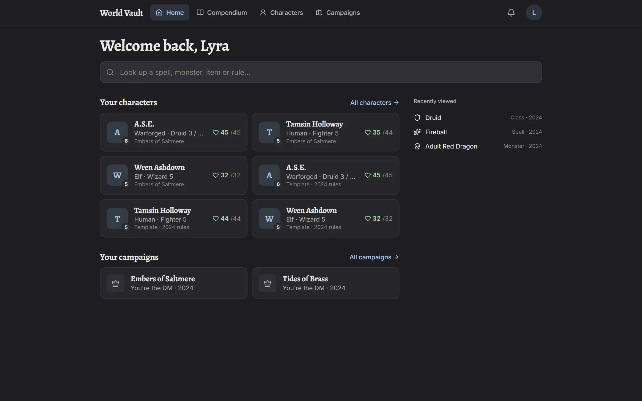 The home page: your characters, your campaigns and recently viewed rules